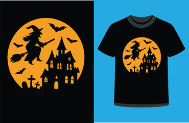 Witch Flying over Haunted House – Halloween Night Vector Illustration

