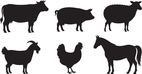 Silhouette Farm Animals Vector Illustration Set Featuring Cow, Pig, Sheep, Goat, Chicken, Horse