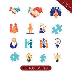 Collection of business and teamwork concept icons with people and lightbulbs