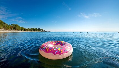 colorful inflatable donut float in calm water under a clear blue sky
