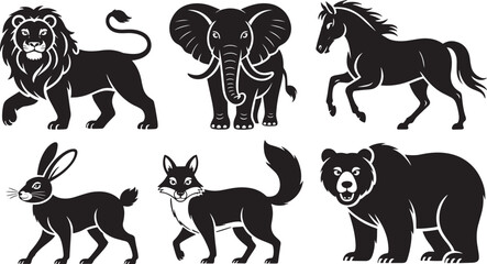 Terrestrial Animals Silhouette Vector Collection Featuring Lion Elephant Horse Rabbit Fox and Bear