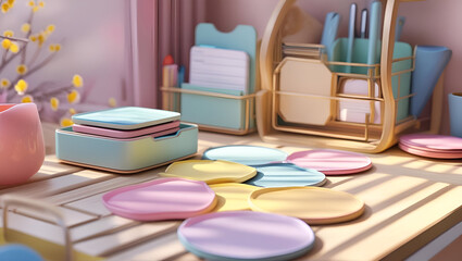 Wooden workspace with pastel monitor riser and cute clips arranged in a neat cozy aesthetic setup