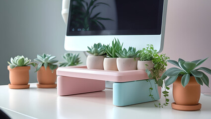 Aesthetic workspace with pastel monitor riser and planters arranged in a clean cozy desk setup