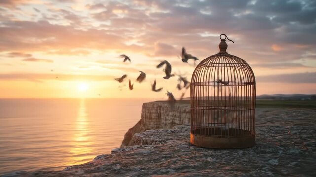 Empty Birdcage at Sunset Clifftop - A rusty, empty birdcage sits on a cliff edge overlooking a calm ocean at sunset. Numerous birds fly freely in the distance, silhouetted against the vibrant sky.
