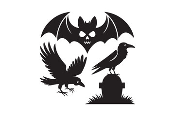 Halloween silhouette of a bat crow and gravestone with grass