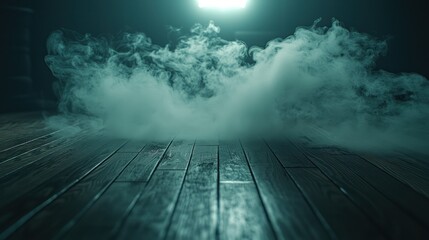 Ominous Fog rolls across a dim, wood floor under a bright, overhead light