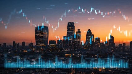 London Skyline with Financial Data Overlay - A stunning cityscape of London at sunset, overlaid with dynamic financial data visualizations, including candlestick charts and bar graphs. - Powered by Adobe