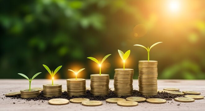 Investment growth financial planning concept with money coins and plant growing business finance idea 100