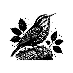 Detailed Black and White Illustration of a Wren Perched on a Branch.