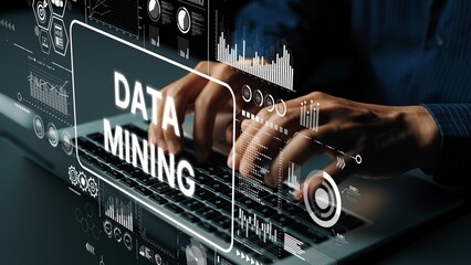 Hands Typing on Laptop with Data Mining Graphics and Digital Interface Elements in a Modern Workspace. Asymptotic smart data analytic.