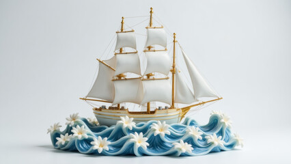 Elegant miniature sailing ship figurine on wavy, floral ceramic base