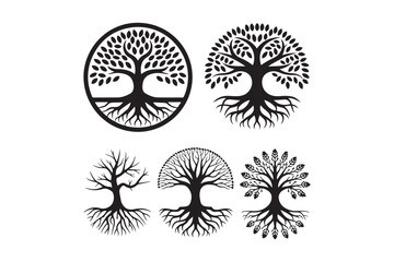 Collection of five stylized tree of life illustrations with detailed roots