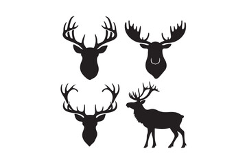 Four silhouette deer heads and one full body deer illustration
