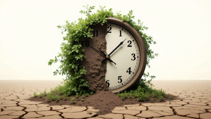 Clock half covered in green plants on cracked earth shows passing time