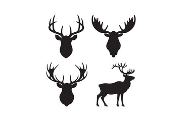 Four silhouette deer heads and a full body deer illustration