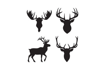 Set of four black silhouettes of deer and stag heads with antlers