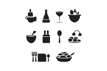 Collection of black and white icons representing food and drink items