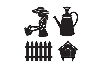 Silhouette of a gardener watering plants with a watering can and garden elements