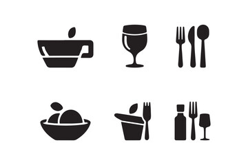 Set of six black and white food and drink icons for restaurant or cafe
