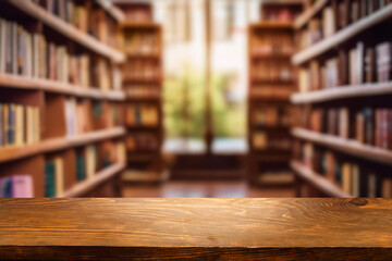empty wooden table top blurred library or book store setting with books and reading material.Wooden tabletop over defocused bookcase background. product promotion in the library.