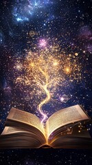 Luminous Tree of Knowledge Emerging from Ancient Book Against Cosmic Background