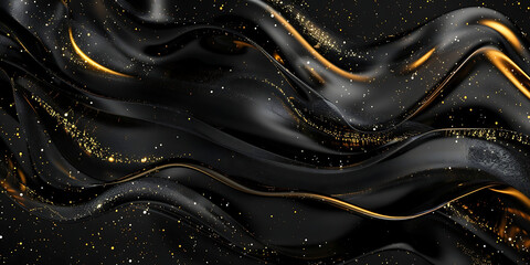 Luxurious flowing black fabric with shimmering gold accents and glitter, creating an elegant and opulent abstract background.