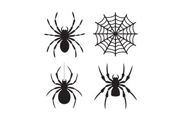 Obraz premium Four silhouettes of spiders and a spiderweb on a white background