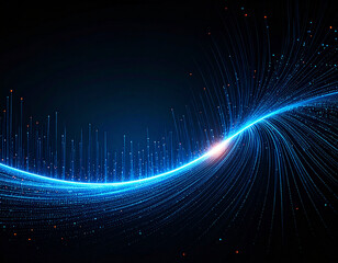 An abstract, horizontal curve of glowing blue light and particles streams across a dark background. The image represents digital technology, high-speed data flow, and modern connectivity.
