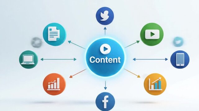 A dynamic animated explainer video illustrating content marketing, where blog posts, videos, and infographics are being created and shared across digital platforms, all orbiting a glowing "Content" ic