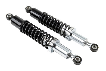 Pair of black motorcycle shock absorbers isolated on a white background.