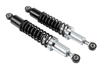 Pair of black motorcycle shock absorbers isolated on a white background.