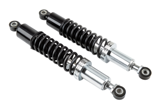 Pair of black motorcycle shock absorbers isolated on a white background.