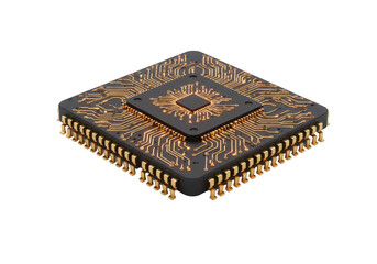 Photo of a detailed view of a computer microchip isolated on transparent background, highlighting its complex design and gold pins