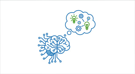 Stylized brain connected to circuit board with lightbulbs and gears in thought bubble