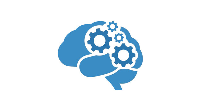 Blue brain graphic with three gears inside representing cognitive function and mechanical processes