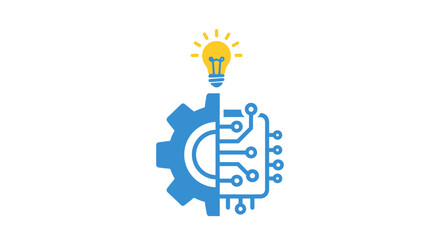 Blue gear and circuit board combined with a yellow lightbulb on top representing innovation concept