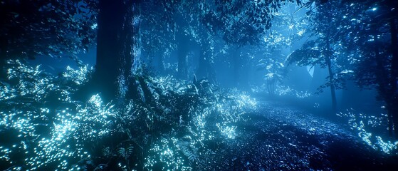 Obraz premium Mystical Forest Path Illuminated by Glowing, Ethereal Blue Light
