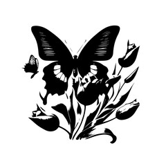 Obraz premium Majestic Butterfly and Blooming Tulips Silhouette.