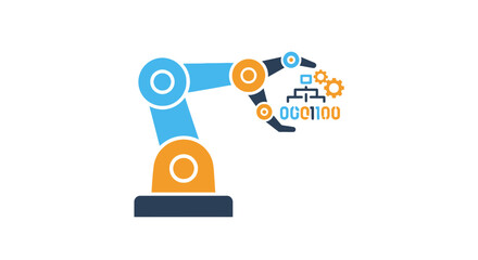 Illustration of a robotic arm holding binary code with gears and a flowchart on a white background