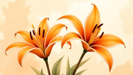 Two Elegant Orange Lilies Blossom in a Warm, Dreamy Setting, Illustration