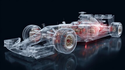 3D wireframe overlay of a Formula 1 car in clean space