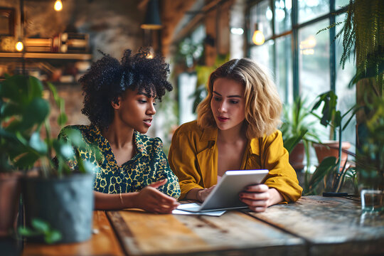 Two women engaged in a discussion at a cozy workspace while reviewing a tablet during the late afternoon