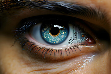 Technological innovation in human vision showcases a futuristic eye with digital circuitry in a close-up