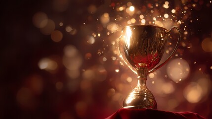 Gold trophy gleams, symbolizing victory. Red velvet background, bokeh lights. For marketing, awards, promotion.