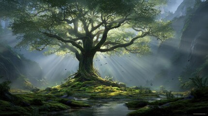 Ancient Tree Illuminated By Sunlight In A Lush Forest