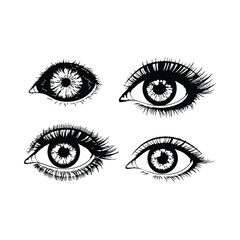 Four black and white eyes with detailed eyelashes