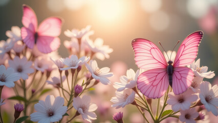 Pink Butterflies on White Flowers in a Sunny Garden, Springtime