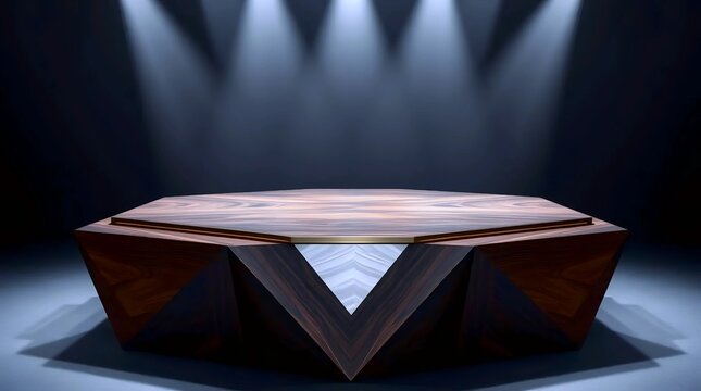 wooden hexagonal stage under dramatic overhead lighting on dark background for luxury product showcase