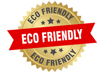 Obraz premium eco friendly. eco friendly round red and gold label isolated on transparent background