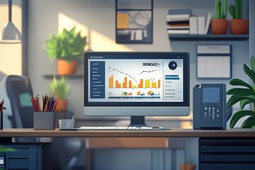 An office scene with a digital dashboard displaying document management metrics and compliance status